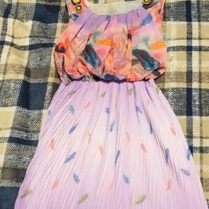 Feimanzhi Elegant Feather Print Midi Dress in Pink and Purple